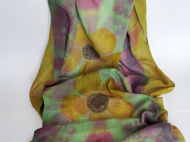 Green yellow cotton floral scarf Womens cotton long scarf Hand dyed scarf - 絲巾 - 棉．麻 黃色