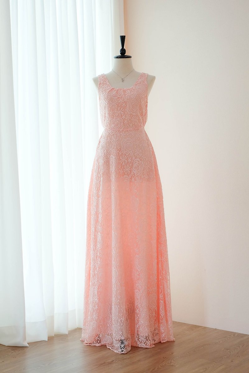 Pink Blush dress Lace Bridesmaid Long Dress Bow back Prom Party Dress - ชุดราตรี - เส้นใยสังเคราะห์ สึชมพู