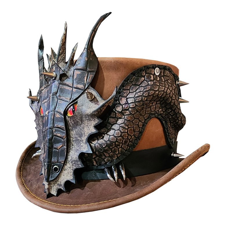 Dragon Of Charisma Brown Leather Top Hat - Hats & Caps - Genuine Leather Brown