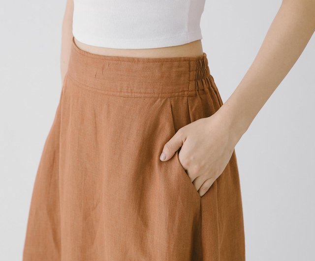 Linen Midi Skirt, Brown A Line Skirt Women, High Waist Skirt With