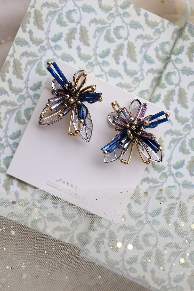FEBBI 10th Anniversary Limited Product-Flower Series Platinum Smoky Sparks Empty Blue Firework Ear Pins Ear Clip-On - Earrings & Clip-ons - Copper & Brass White