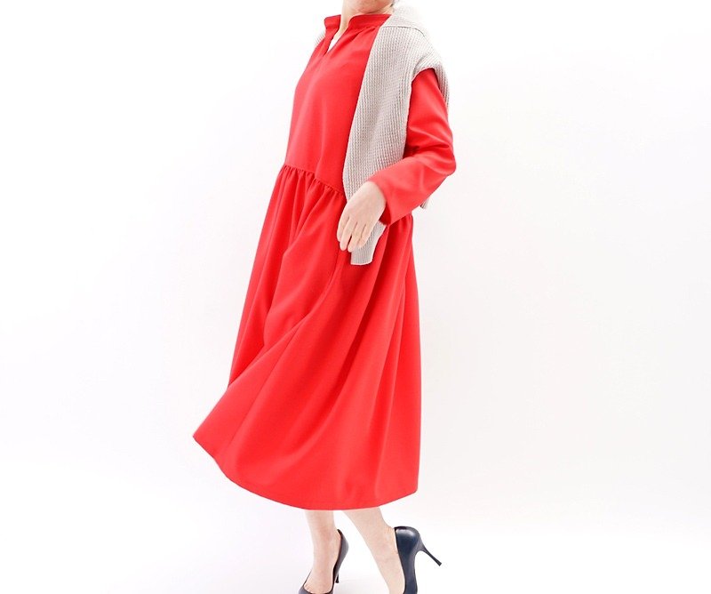Bright red stand-up collar gather dress / Carnival Red a26-16 - One Piece Dresses - Other Materials Red