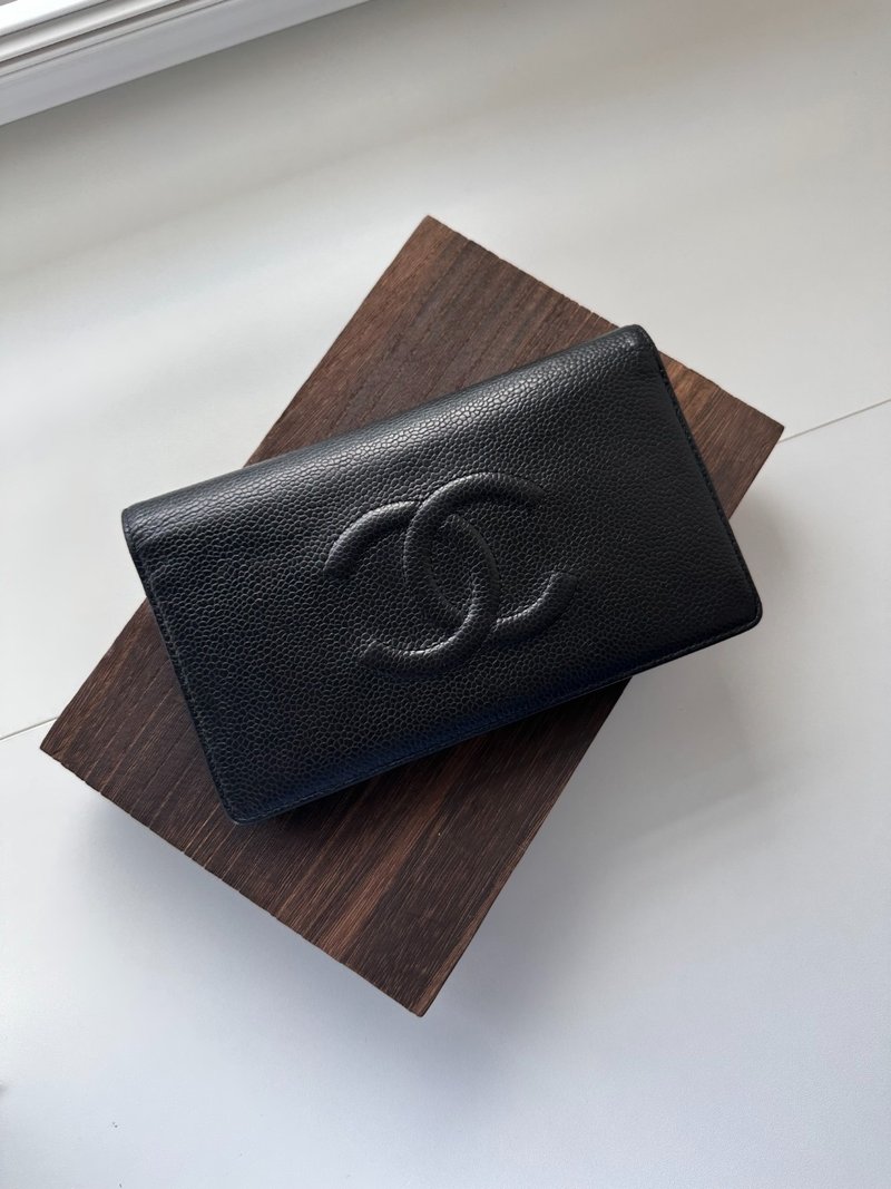 中古包 Chanel 香奈兒 黑色魚子醬皮長款錢包(雙折) - 皮夾/長短夾/錢包 - 真皮 黑色