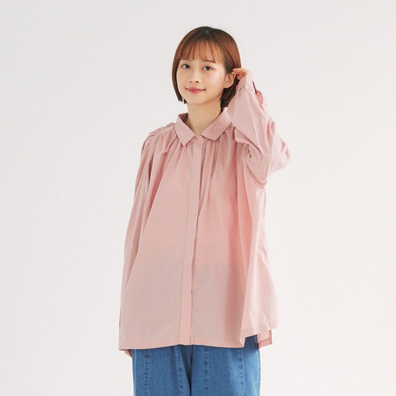 【Simply Yours】Shoulder pleated loose shirt pink F - Women's T-Shirts - Cotton & Hemp Pink