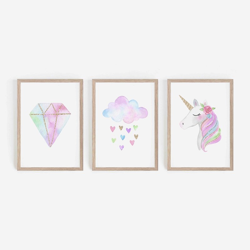 unicorn diamond nursery art,3張 兒童 可客製化 掛畫 海報 - 兒童家具 - 紙 