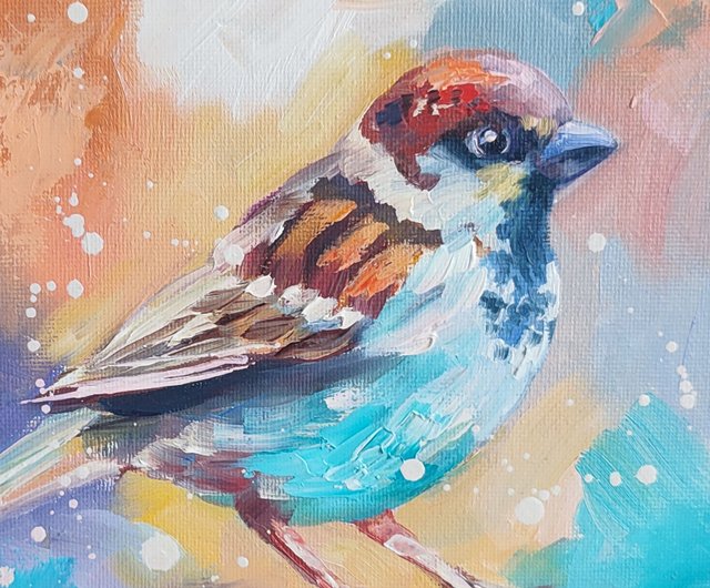 オリジナル絵画 油絵です スズメの油絵鳥の小さなアート鳥のアートワーク スズメの絵鳥の