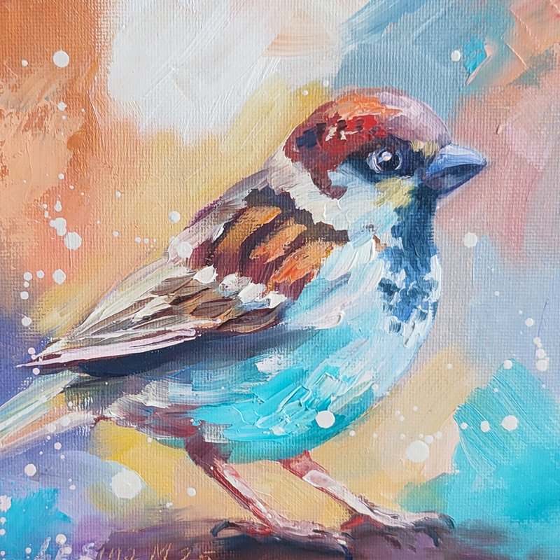 Sparrow Oil Painting Bird Small Art Bird Artwork Sparrow Painting Bird Art - 壁貼/牆壁裝飾 - 其他材質 