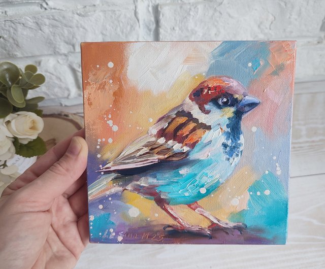 日本の鳥のイラスト アート作品 スズメの油絵鳥の小さなアート鳥のアートワーク スズメの絵鳥の