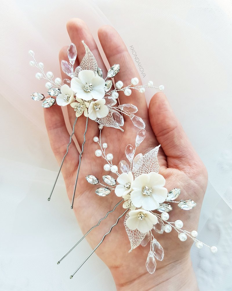 Bridal pearl flower hair pins gold silver hair piece , flower ivory hair comb - Hair Accessories - Other Materials 