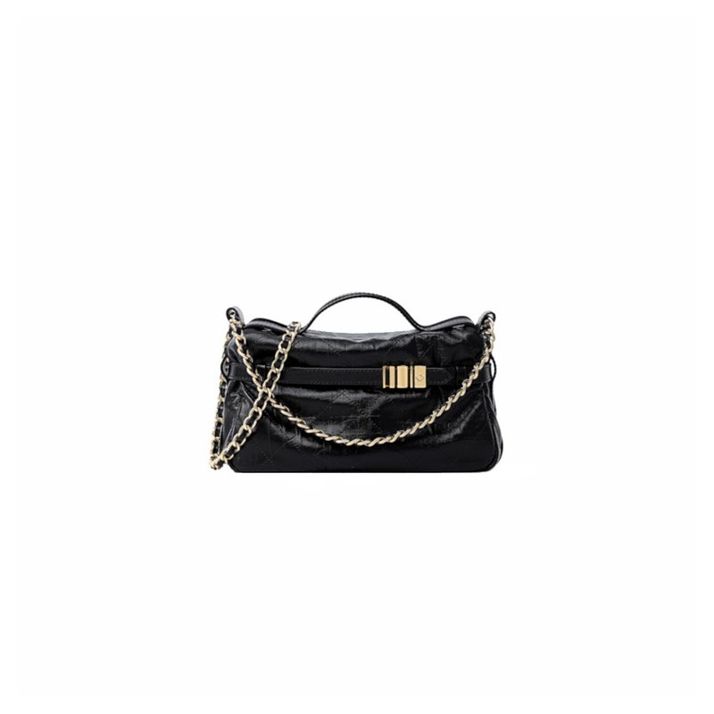 Note Chain Leather Top Handle Bag - Handbags & Totes - Genuine Leather Black