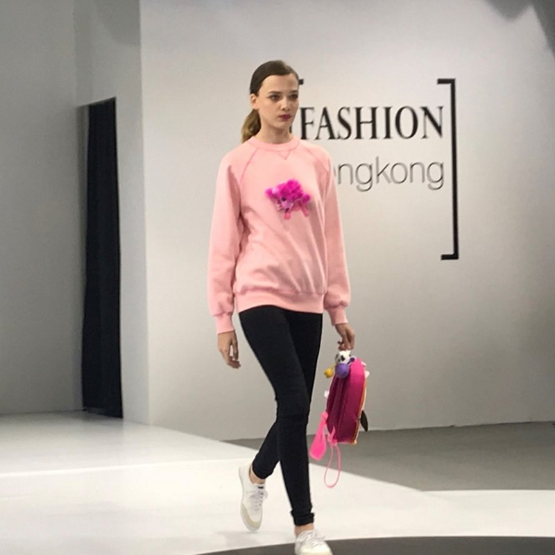 【聖誕新年禮物】親子超柔CVC棉桃皮絨煙粉色趣著衛衣附貴婦狗玩 - 帽T/大學T - 棉．麻 粉紅色