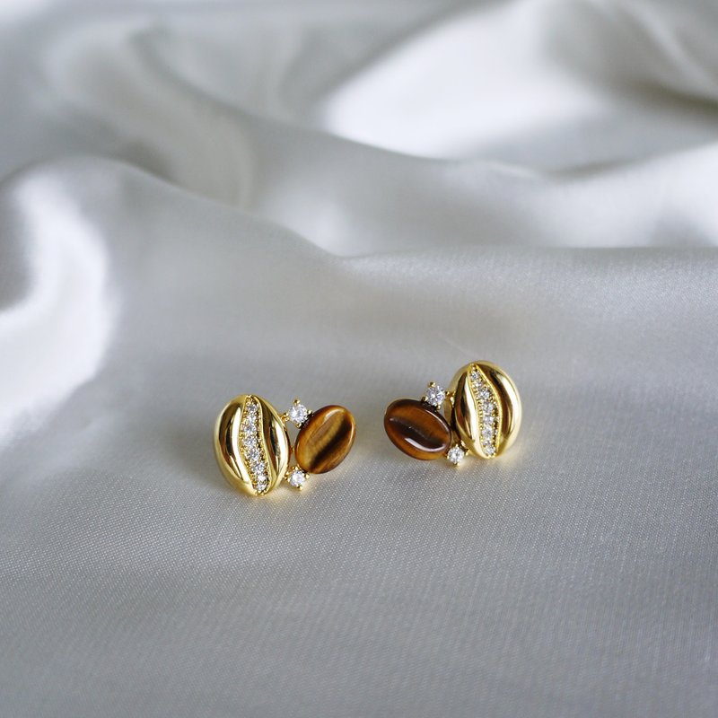 Tiger Eye Glossy Coffee Bean Earrings - Earrings & Clip-ons - Silver Gold