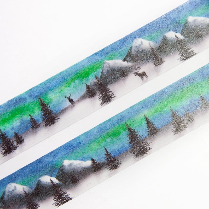 Northern Lights 30mmx10 m Washi Tape - Winter Forest with Aurora Borealis - มาสกิ้งเทป - กระดาษ สีเขียว