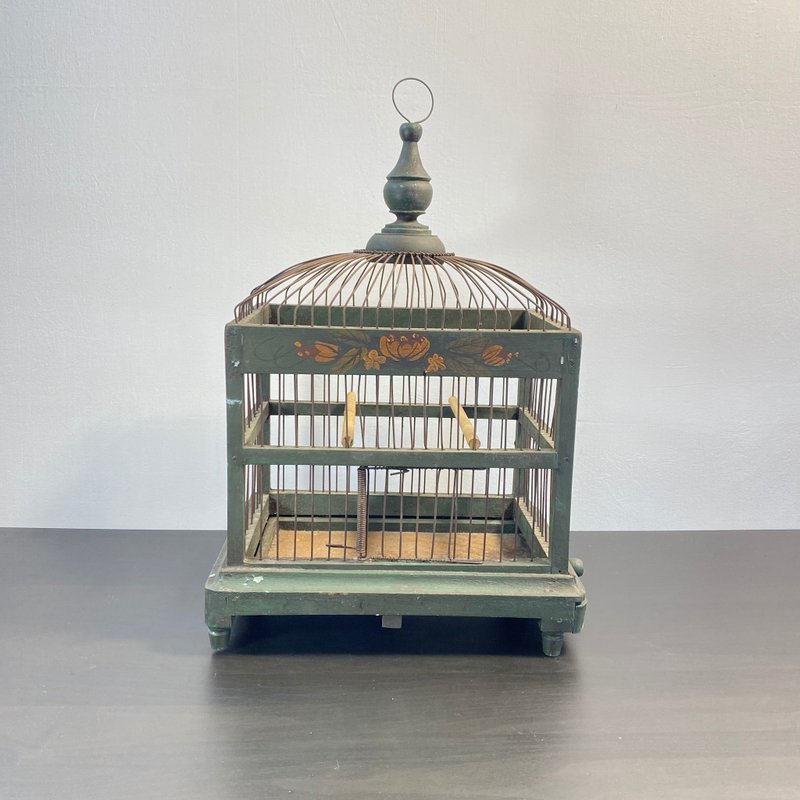 Vintage Victorian Bird Cage, Green/ Brown Tole Painted Wood, Drawer, Handmade - ที่นอนสัตว์ - ไม้ 