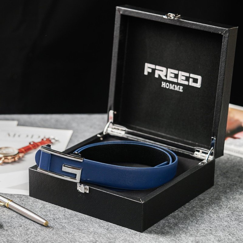 【FREED】時尚簡約字母G商務休閒頭層牛皮皮帶 - 藍色 - 腰帶/皮帶 - 真皮 藍色