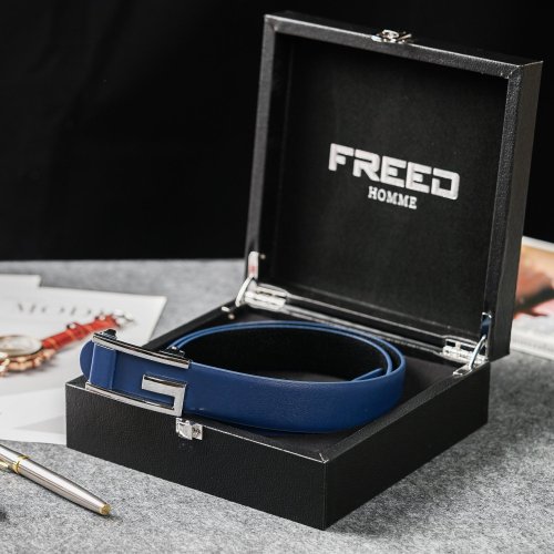 FREED 【FREED】時尚簡約字母G商務休閒頭層牛皮皮帶 - 藍色