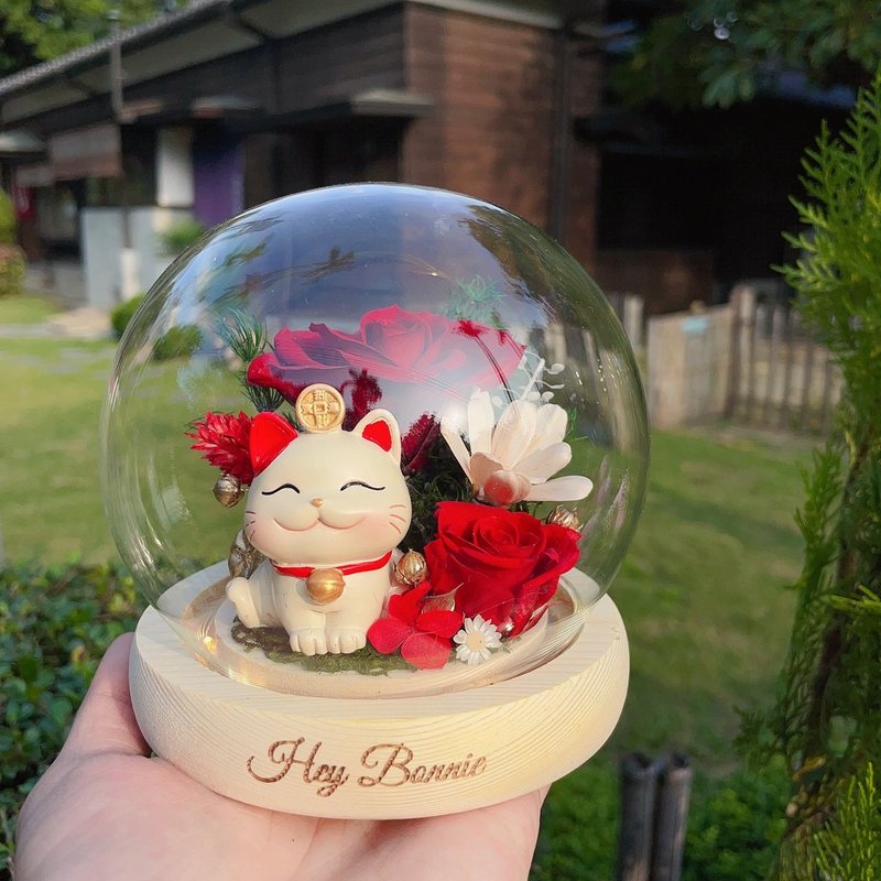 花開富貴 招財貓永生玫瑰玻璃圓球LED花盅 - 乾燥花/永生花 - 植物．花 
