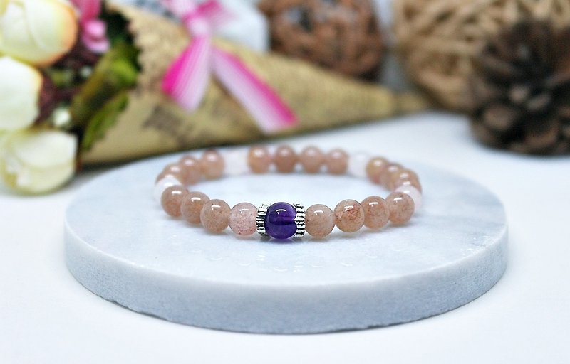 Natural Stone X Silver Elastic Bracelet <Pink Berry> - Bracelets - Gemstone Pink