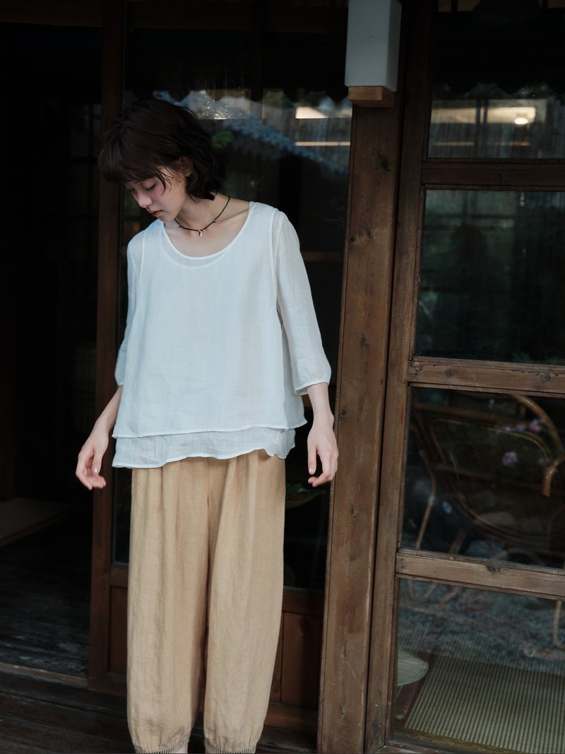 米白色苧麻小衫上衣7分袖 - 女襯衫 - 棉．麻 多色