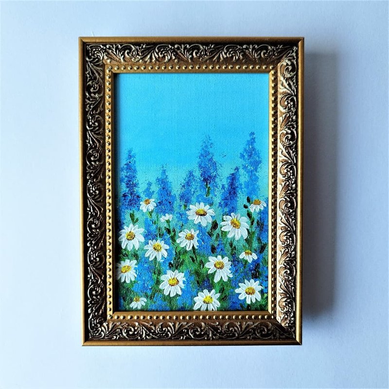Acrylic Painting of Daisies, Landscape & Wildflowers - Chamomile Art Wall Decor - 壁貼/牆壁裝飾 - 壓克力 藍色
