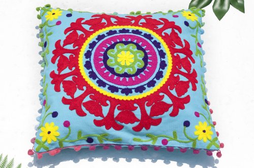 omhandmade 手工刺繡抱枕套 波希米亞抱枕套 民族風抱枕套-俄羅斯繡針花朵草