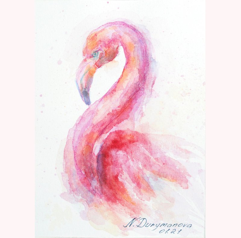 Flamingo Painting Original Art Tropical Bird Artwork Watercolor Small Painting - Posters - Paper Pink