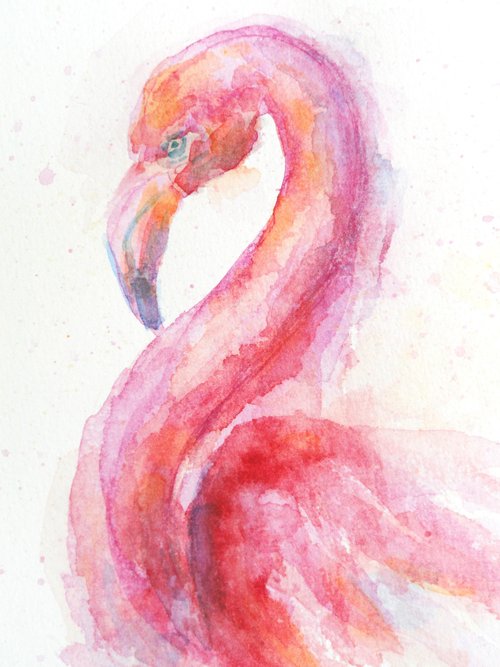 原画「餌を探すフラミンゴ」鳥/風景/イラスト/絵/アート/額付き 500x0.jpg