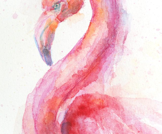 フラミンゴ絵画オリジナルアート熱帯鳥アートワーク水彩画小さな
