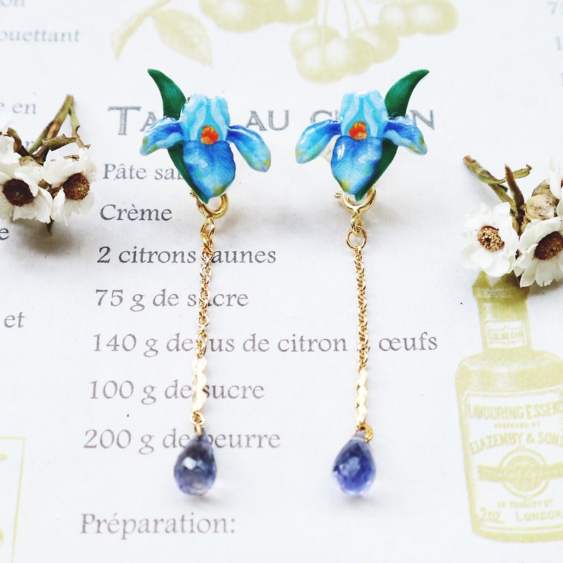 Blue iris flower cordierite earrings Clip-On - Earrings & Clip-ons - Resin Blue