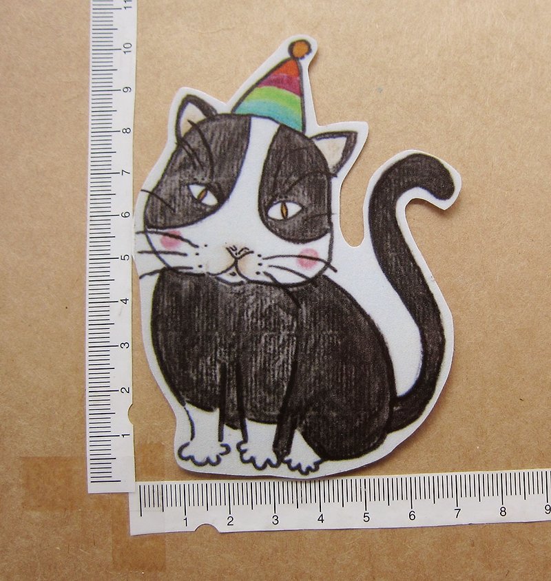 Hand-painted illustration style completely waterproof sticker black and white Benz cat birthday - Stickers - Waterproof Material Black