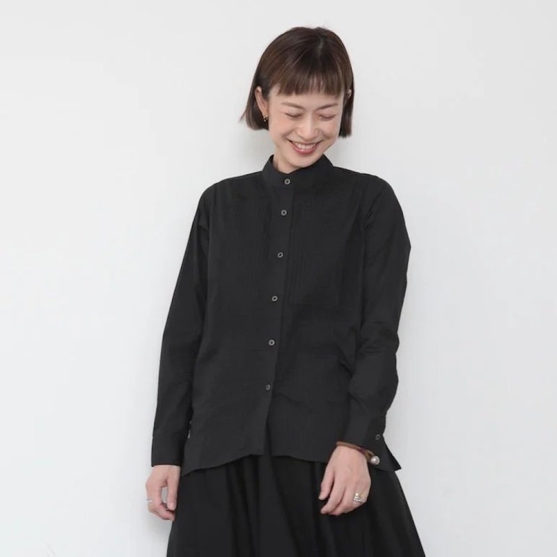 OMAKE.jp 塔克小立領襯衫PintuckShirt 黑 - 女上衣/長袖上衣 - 棉．麻 黑色
