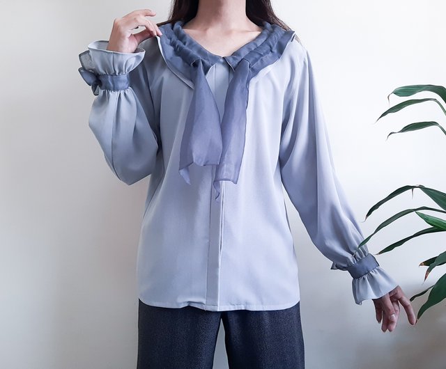 ヴィンテージ グレー ブラウス 蝶ネクタイ カラー ハイネック ブラウス