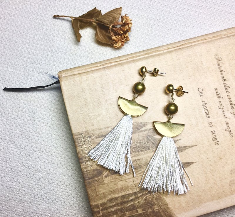 Hand made brass x tassel series ear pin / ear clip - Earrings & Clip-ons - Copper & Brass Gold