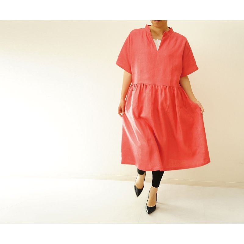 [Wafu] Belgian linen 100% A double belt Stand up collar of skipper Dolman dress / coral a20-4 - One Piece Dresses - Cotton & Hemp Pink
