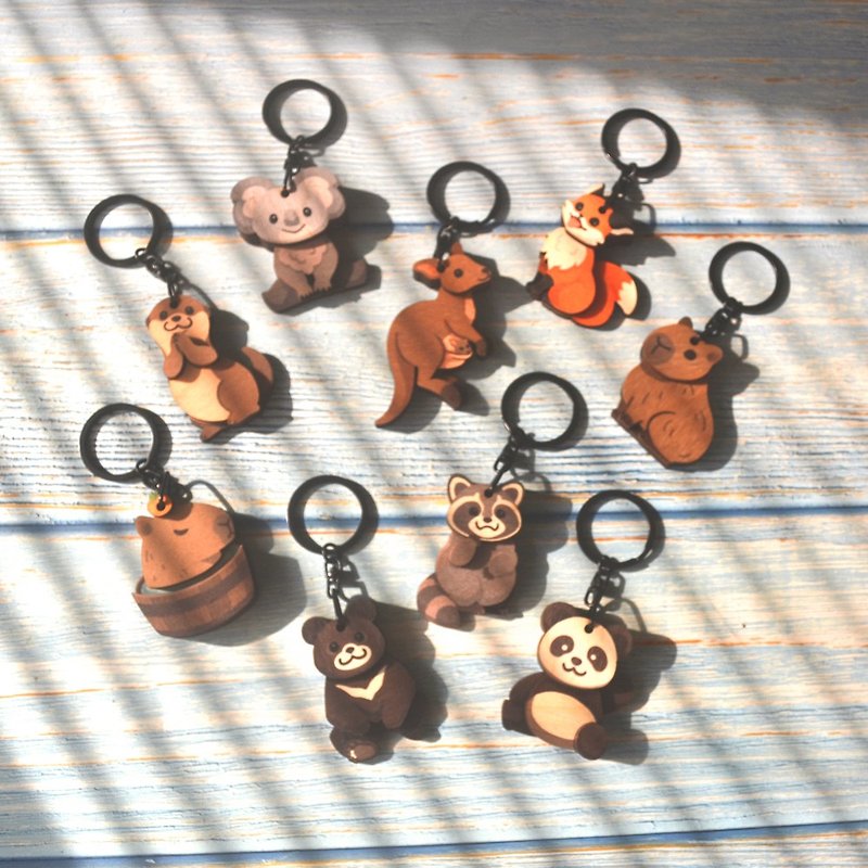 木木鑰匙圈-袋鼠、水獺、坐姿水豚、浣熊-動物系列 - 鑰匙圈/鎖匙扣 - 木頭 