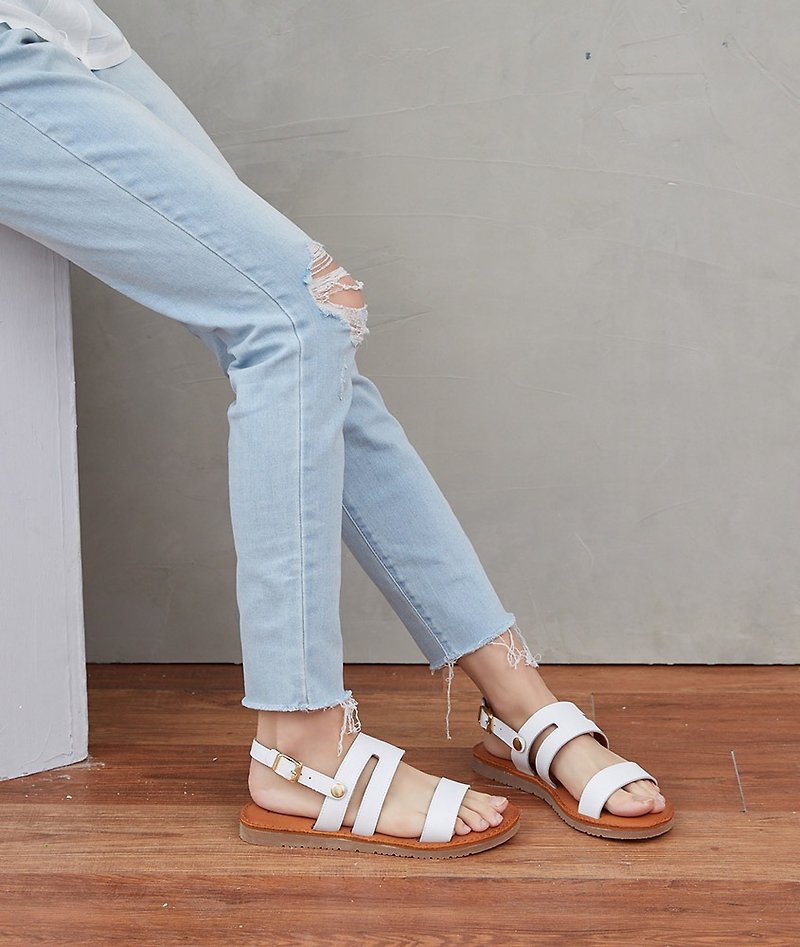 [HI Good Morning] full leather two wear sandals and slippers _ curtain white - Sandals - Genuine Leather White
