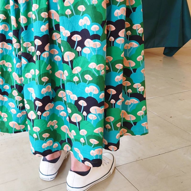 【受注制作】Gold Mushroom skirt greenblue / Free size / USA fabric / 日本製 - 裙子/長裙 - 棉．麻 綠色