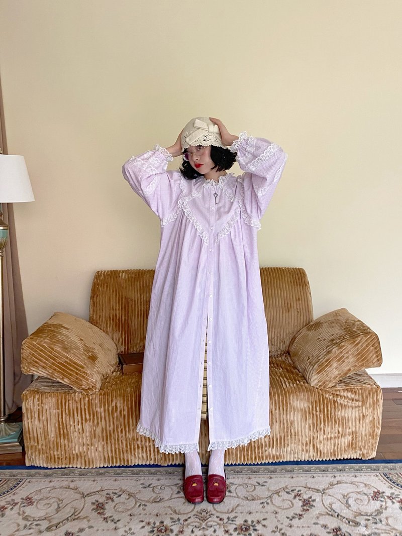 Cherrywine Rêve dream pink and purple bubble plaid lace loose long-sleeved shirt dress for women - ชุดเดรส - ผ้าฝ้าย/ผ้าลินิน สีม่วง