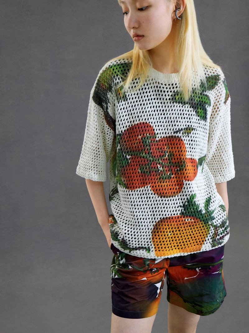 Tomato T-shirts Fruit and vegetable print three-dimensional woven hollow T-shirt retro casual - เสื้อฮู้ด - ผ้าฝ้าย/ผ้าลินิน ขาว