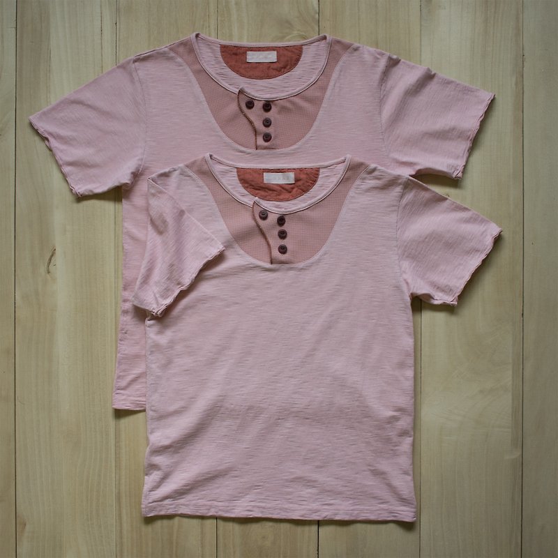 Dace「マダムプラント染めヘンリーカラー半袖トップス」 - Tシャツ メンズ - コットン・麻 ピンク