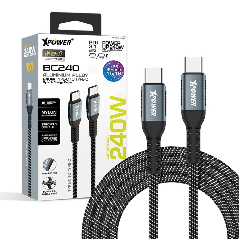 XPower BC240 1M aluminum alloy 240W PD3.1 C to C braided high-speed transmission charging cable - Chargers & Cables - Other Metals Black