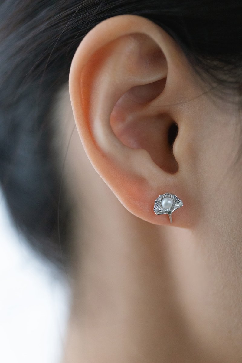 Carved Ginkgo Leaf 925 Sterling Silver Pearl Ginkgo Earrings and Clip-On - Earrings & Clip-ons - Sterling Silver Silver