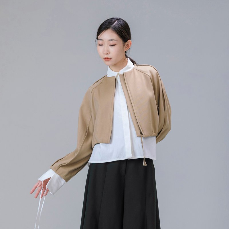 立體袖型短版拉鍊外套 - 女大衣/外套 - 羊毛 卡其色