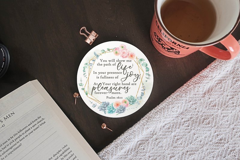 Succulent Peony Floral Christian Coaster with Bible Verse Psalm 16:11 - Coasters - Pottery Orange