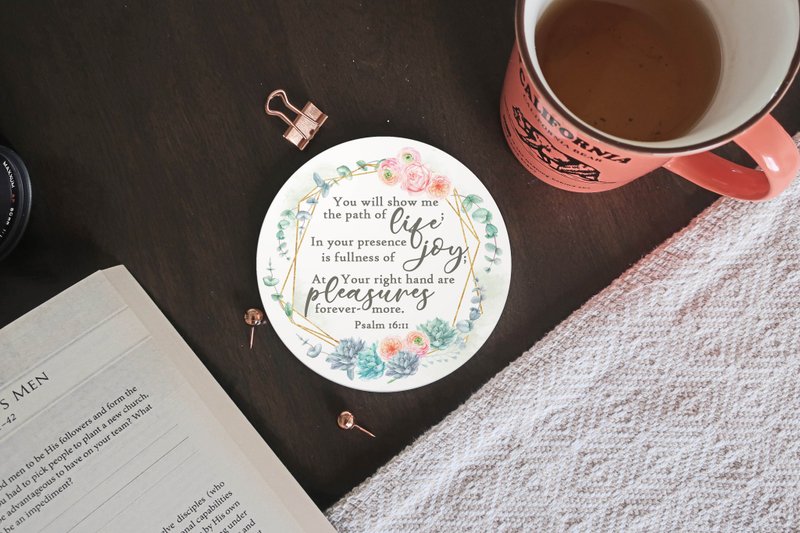 Succulent Peony Floral Christian Coaster with Bible Verse Psalm 16:11 - ที่รองแก้ว - ดินเผา สีส้ม