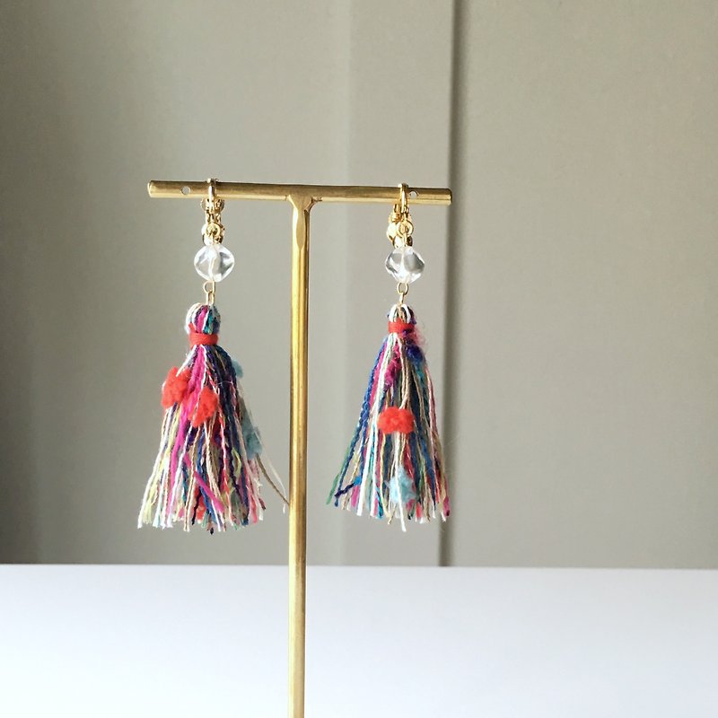 Fluffy colorful tassel acrylic · earring / pierced - Earrings & Clip-ons - Cotton & Hemp Red