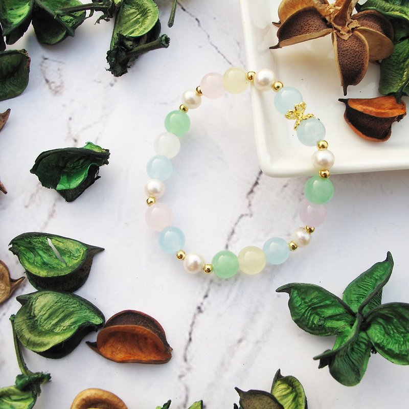 Big staff Taipa [handmade silver] colorful Malay jade × natural pearl × sterling silver plating 18K gold bracelet - Bracelets - Semi-Precious Stones Multicolor