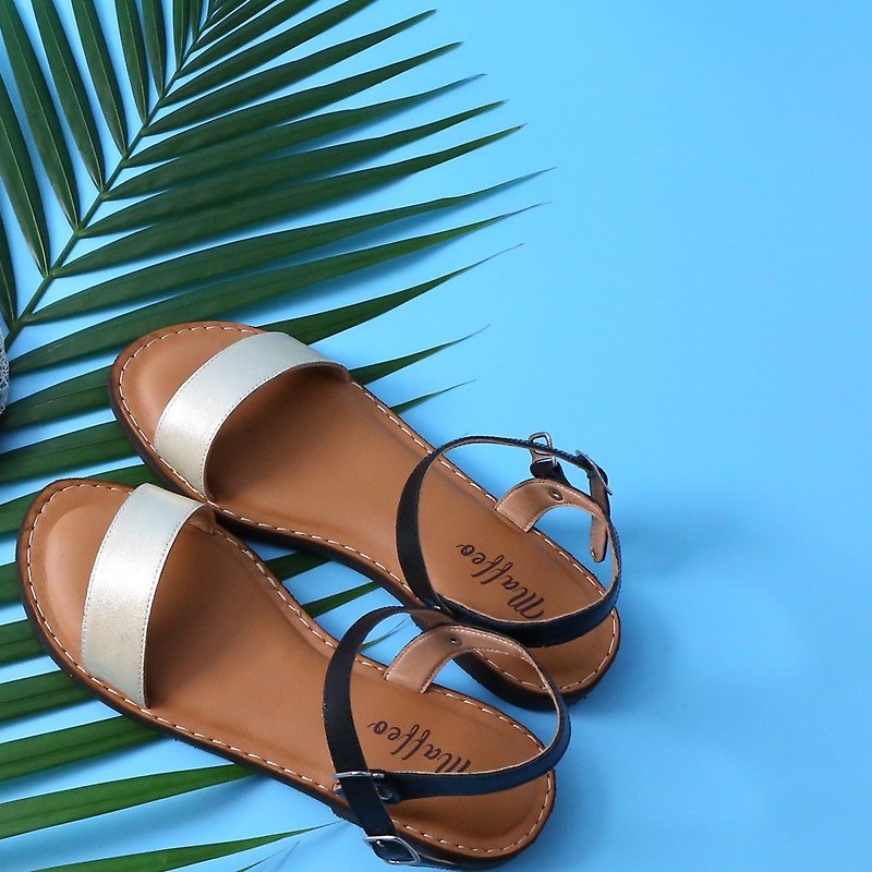 Customizable leather ankle strap waterproof soft sole sandals black gold - รองเท้ารัดส้น - หนังแท้ 
