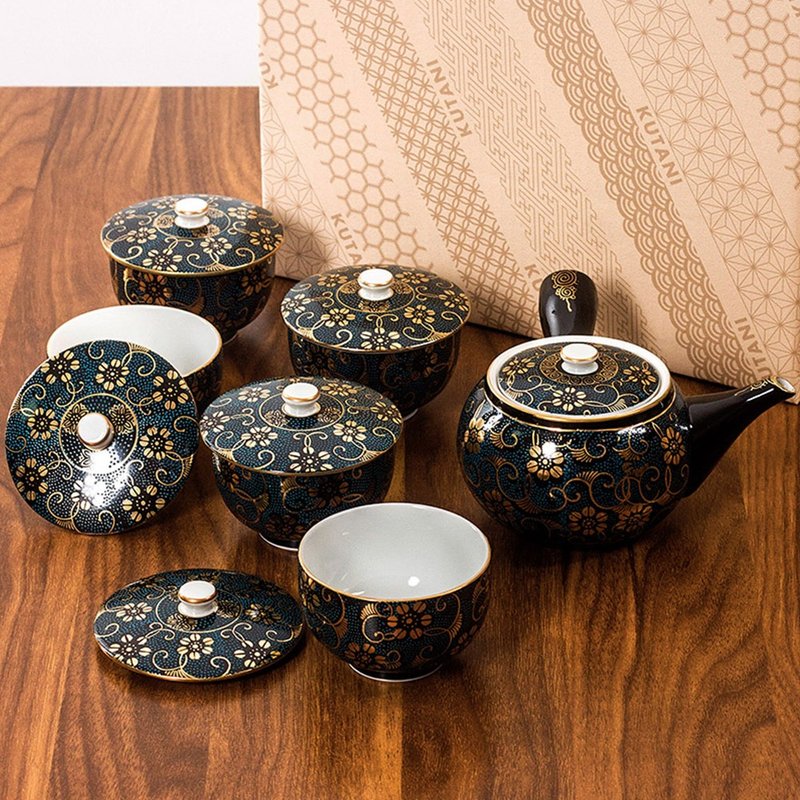 日本進口九谷燒手工側把泡茶壺青粒鉄仙帶蓋茶具套裝一壺五杯禮盒 - 茶壺/茶杯/茶具 - 瓷 