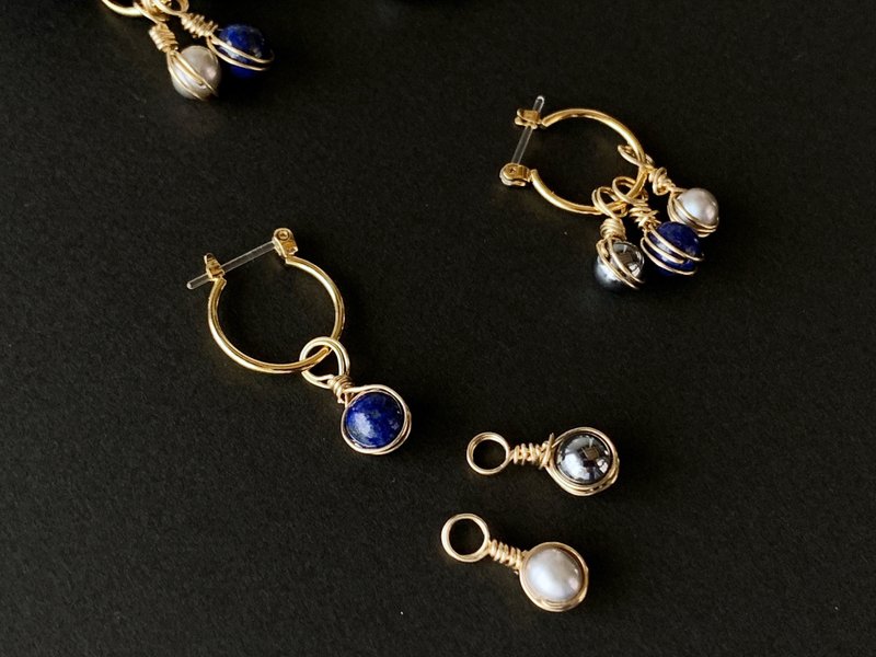 4way : ラピスラズリ・淡水バロックパール・テラヘルツのフープ・ピアス (金属アレルギー対応) - 耳環/耳夾/耳骨夾 - 半寶石 藍色